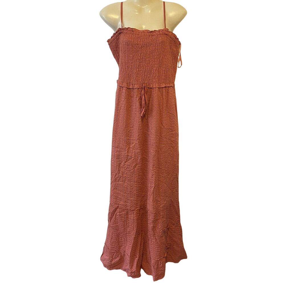 Jessica Simpson Tiered Coral Floral Eyelet Smocked Lined Maxi Dress XL Beach